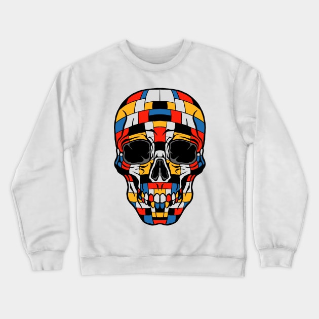 Skull In Piet Mondrian Art Composition with Red Blue and Yellow Crewneck Sweatshirt by Stayhoom